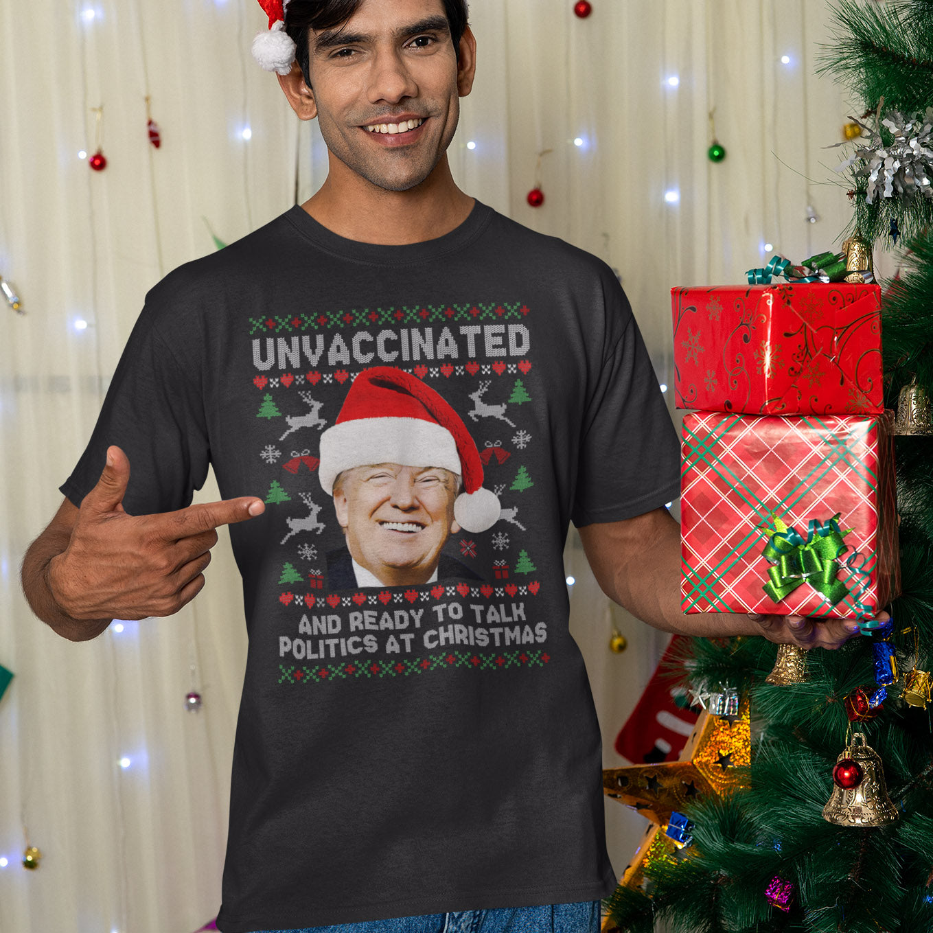 Unvaccinated and Ready To Talk Politics at Christmas | Mens/Unisex Short Sleeve T-Shirt - Rise of The New Media