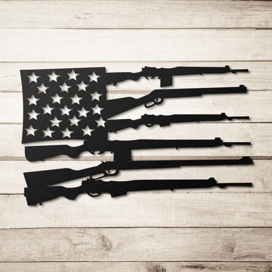 American Flag & Guns Die-Cut Metal Sign - Rise of The New Media
